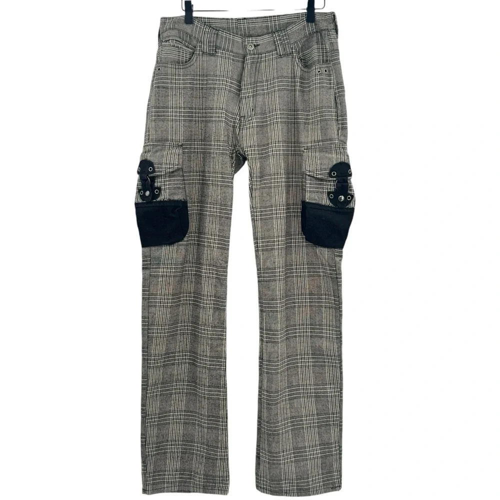 Vintage Japanese Tete Homme Plaid Cargo Pants Wool Blend Gray Black | 30
